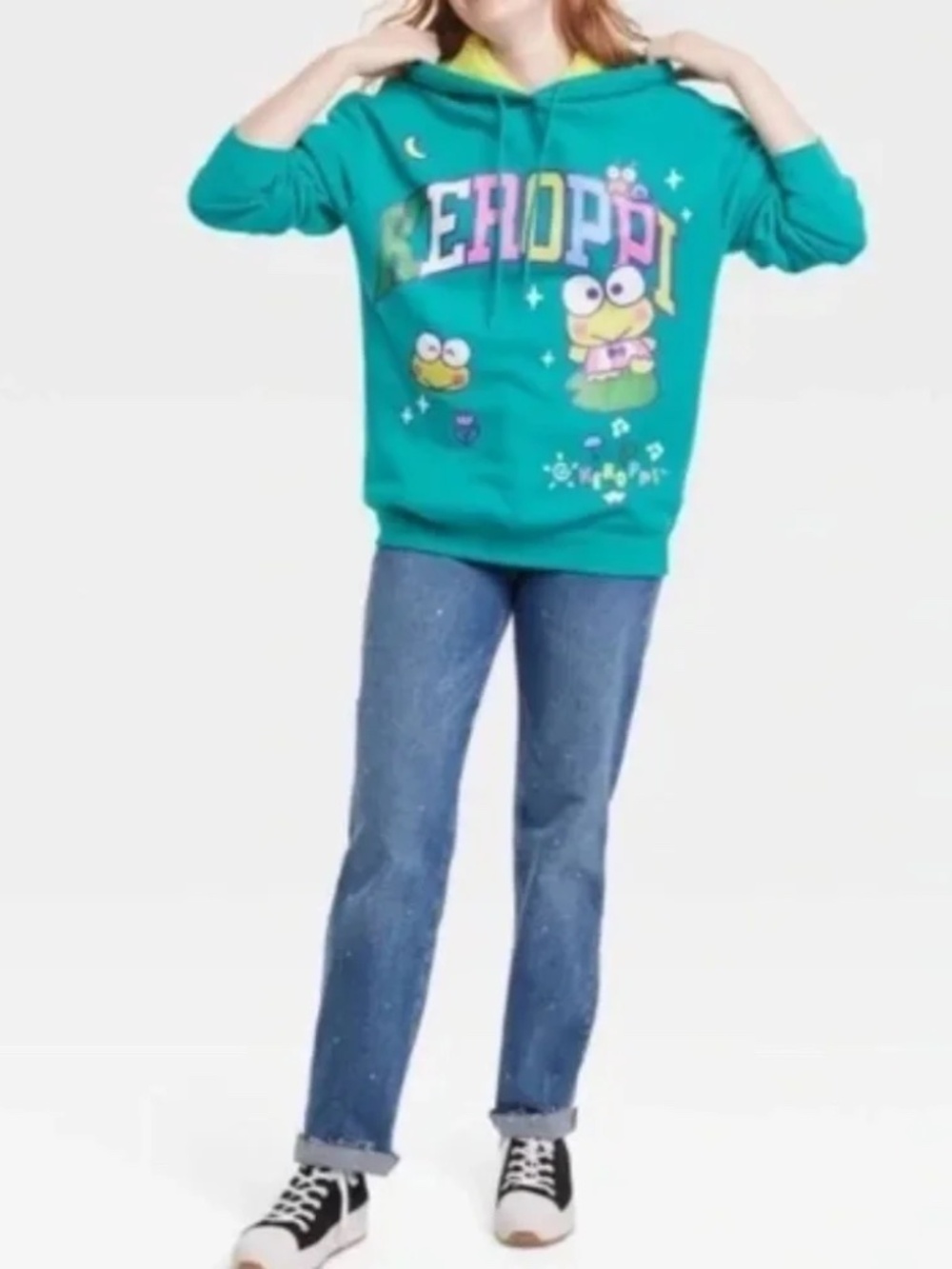 Sanrio Keroppi Graphic Hoodie Sweatshirt Fuzzy Lined Green Oversized Size XS - Picture 3 of 9